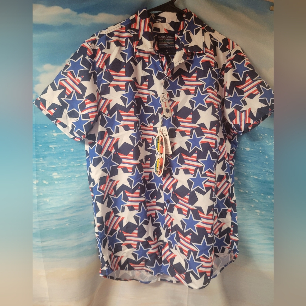 Broken Thread NWT Patriotic Star Print‎ Men's Shirt Size Medium Red White & Blue